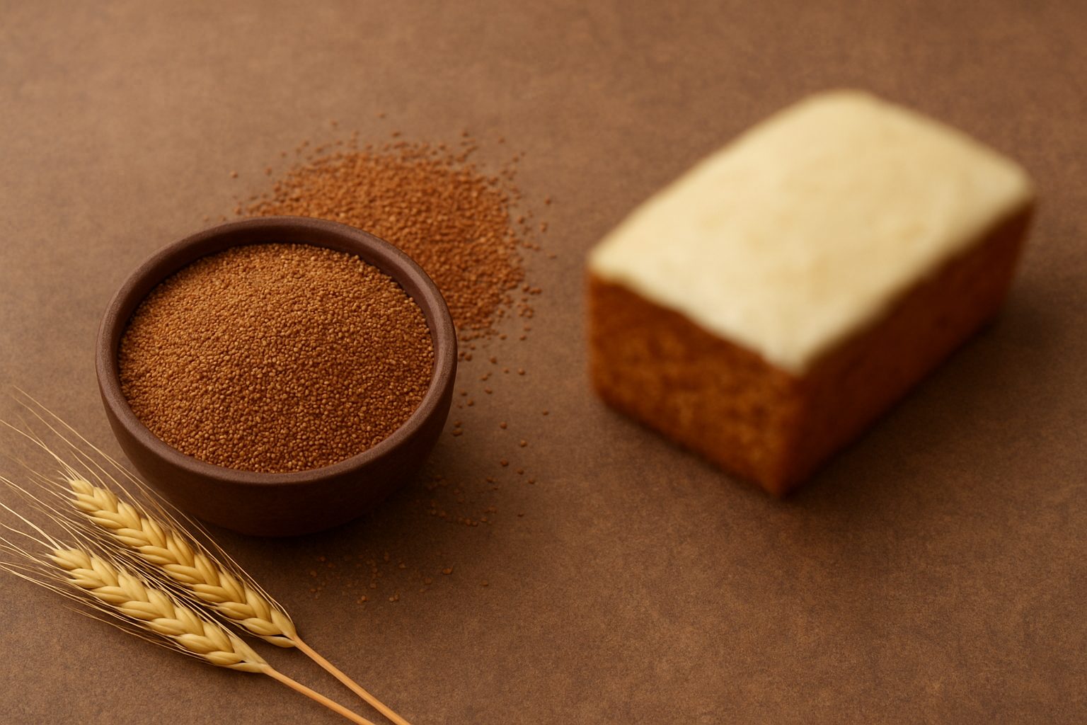A bowl of teff grain beside a freshly baked loaf